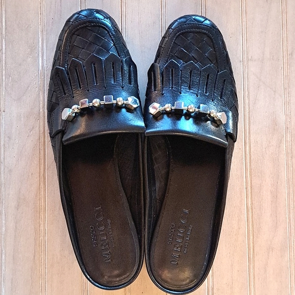 Sesto Meucci Italian Woven Leather Beaded Basket Maya Kiltie Flat Mules